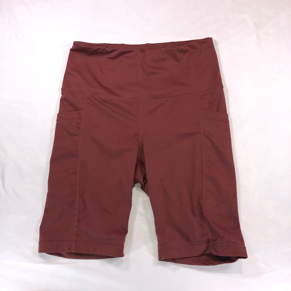 Velocity Womens High Waisted Biker Shorts Burgundy Pocket Athletic Medium